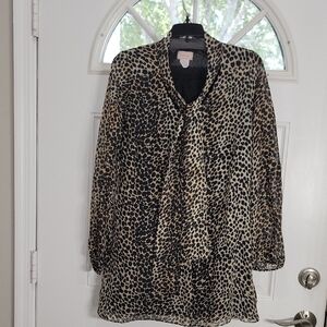 Vintage Made In USA Leopard Print Long Sleeve Bow Dress Size S